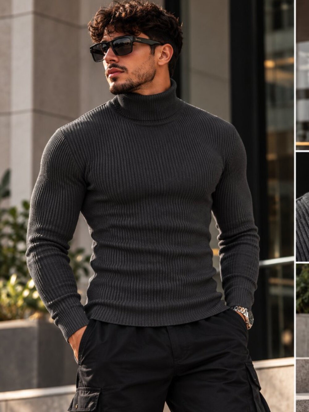 COOFANDY Men’s Ribbed Turtleneck Sweater Small Charcoal Gray Slim Fit Pullover